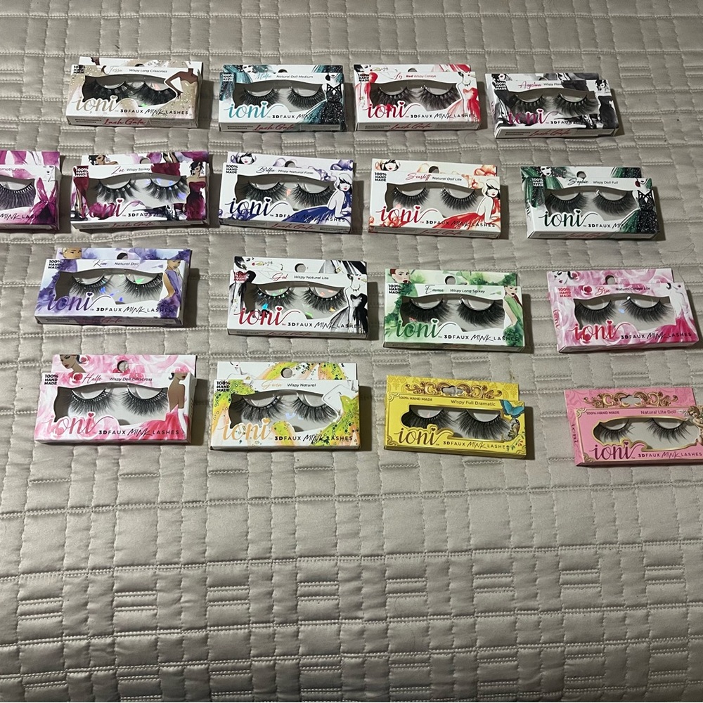 Eyelashes and tinted lip balms and liquid lipsticks